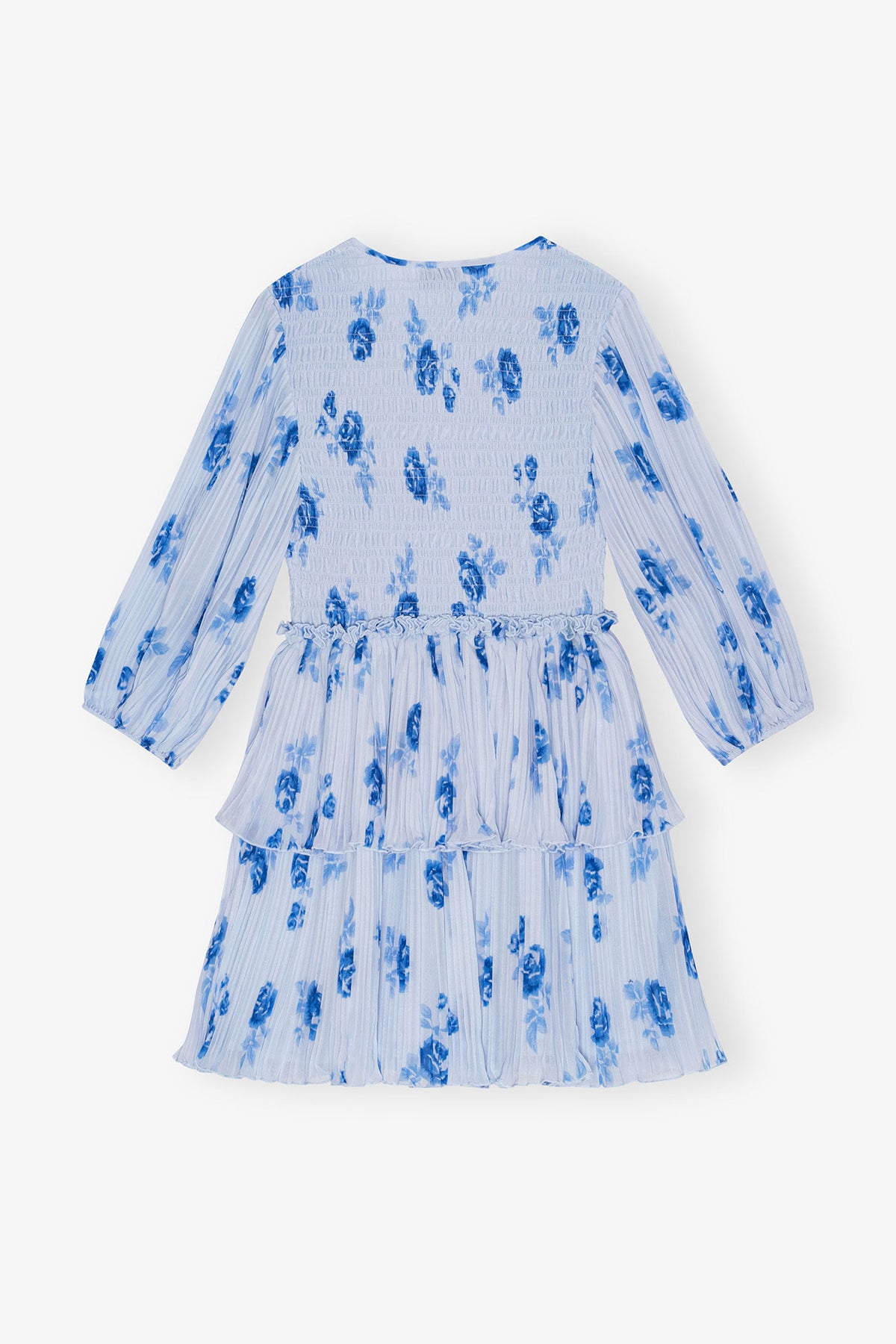 Blue Pleated Georgette Flounce Smock Mini Dress