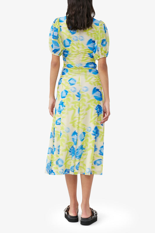Printed Mesh Puff Sleeve Midi Dress