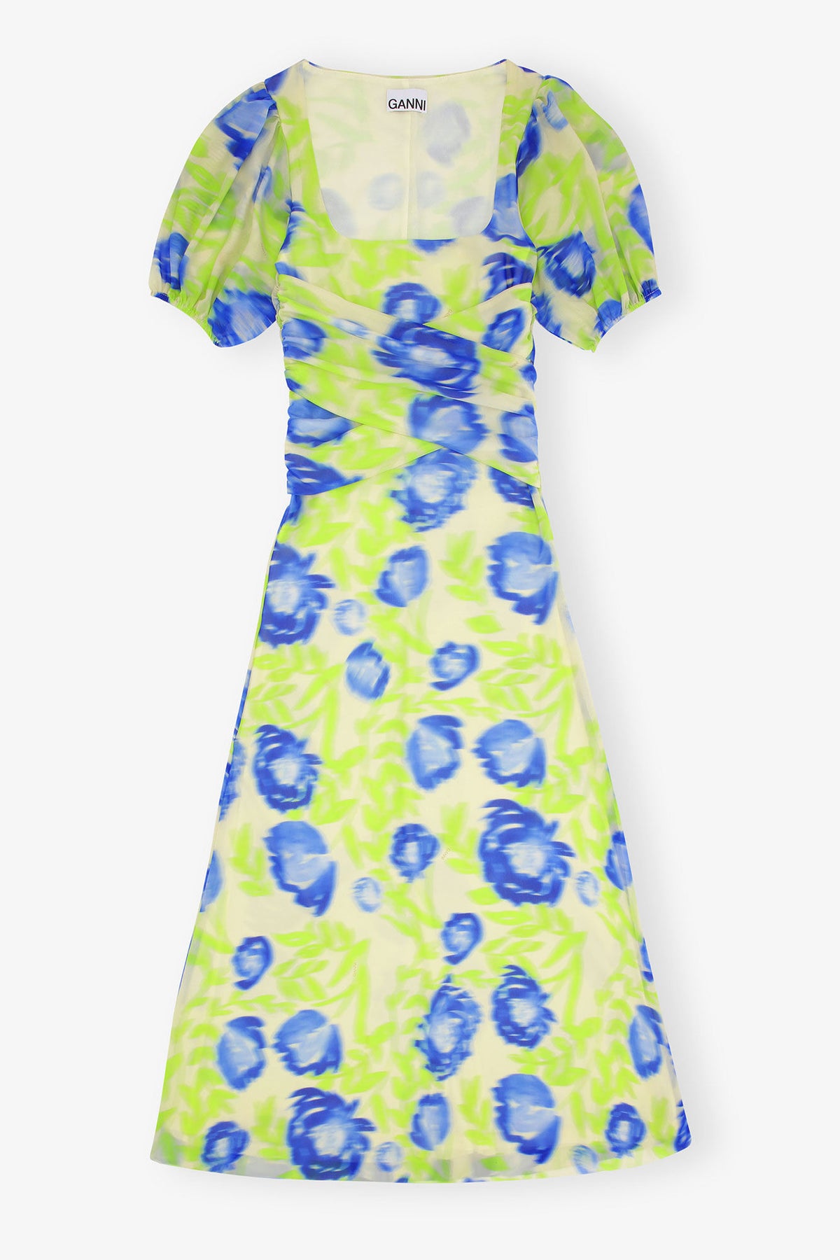 Printed Mesh Puff Sleeve Midi Dress