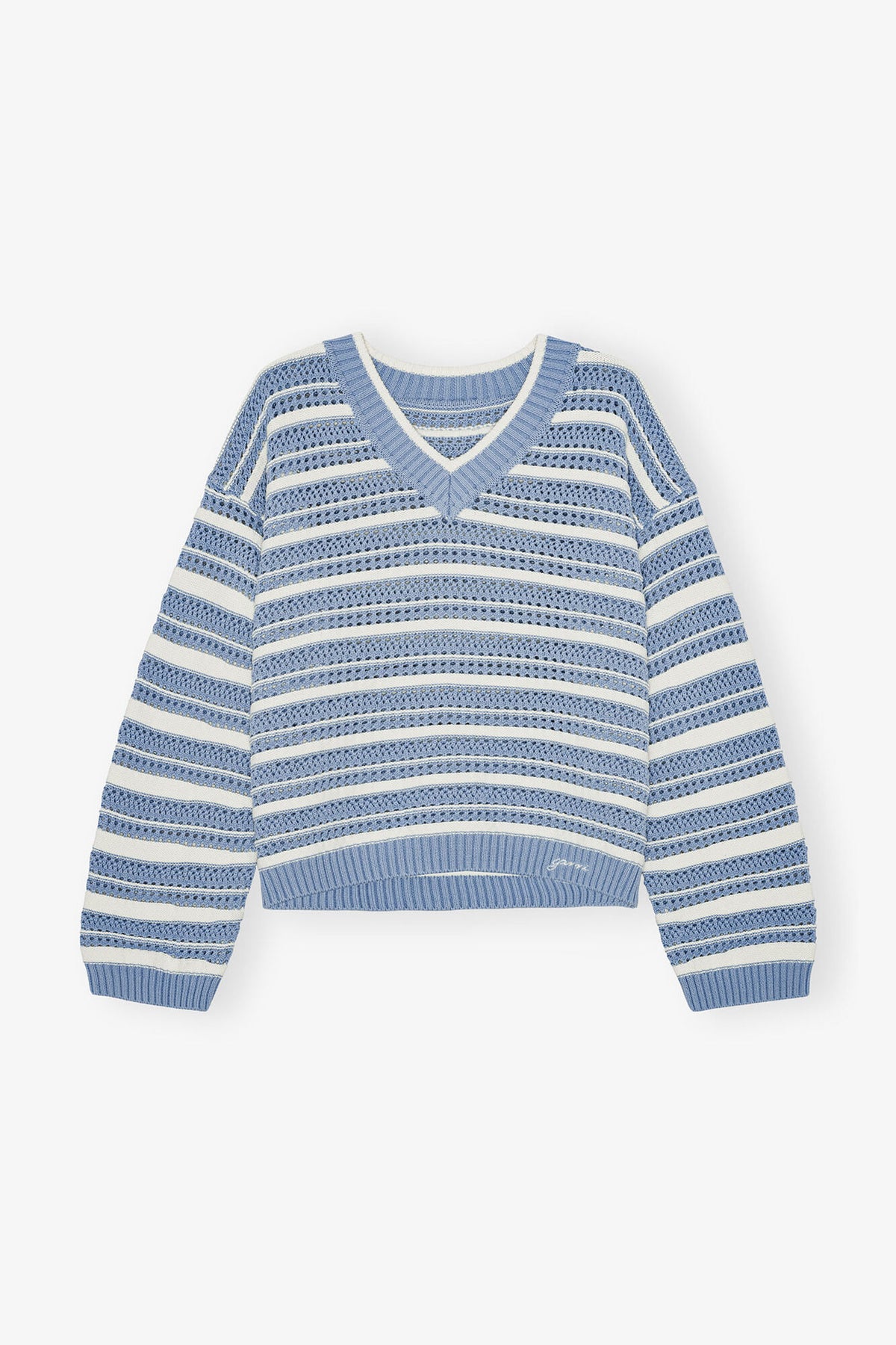 Blue Striped Cotton V-neck Sweater