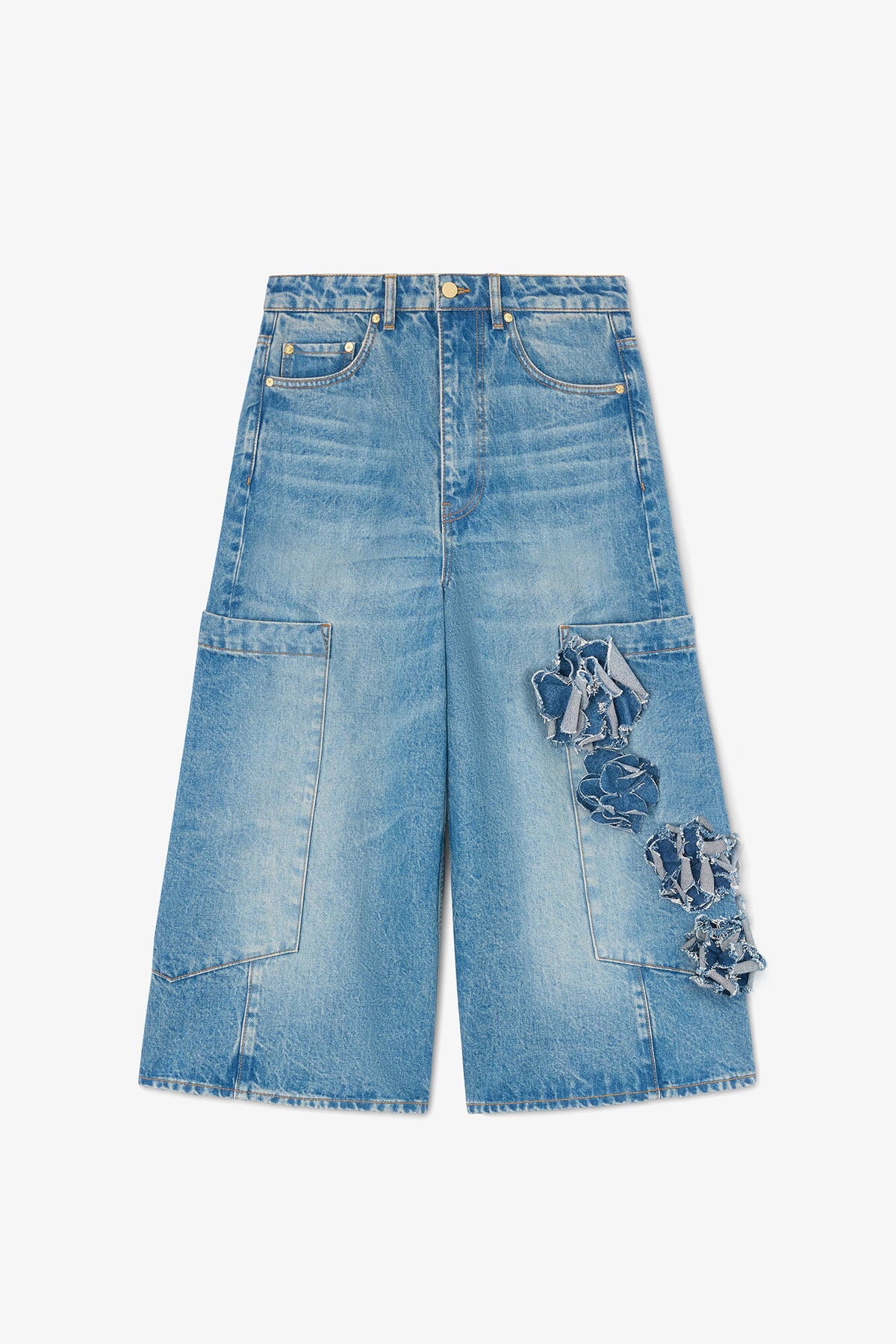 Baggy Cropped Jeans in Flower Print Denim