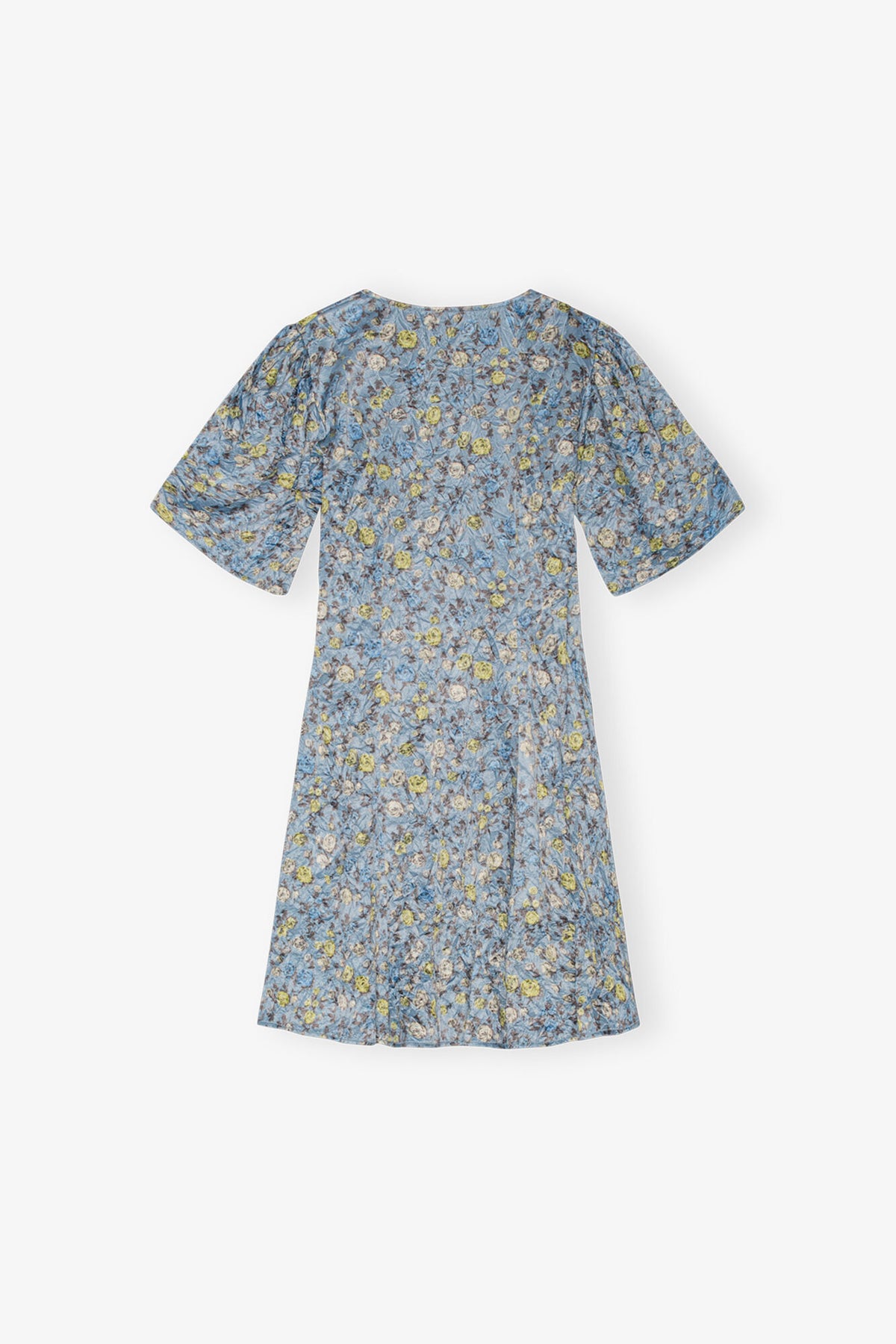 Blue Floral Printed Crinkled Satin Mini Wrap Dress
