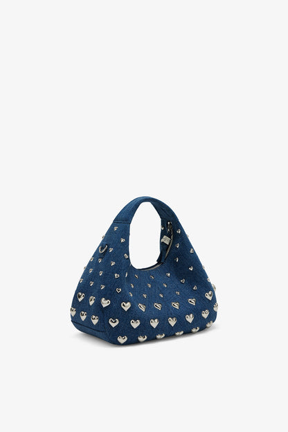 Navy Peony Denim Stud Mini Hobo Bag