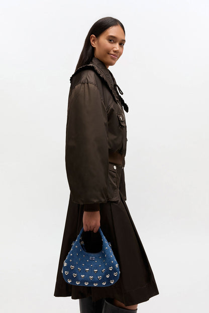 Navy Peony Denim Stud Mini Hobo Bag