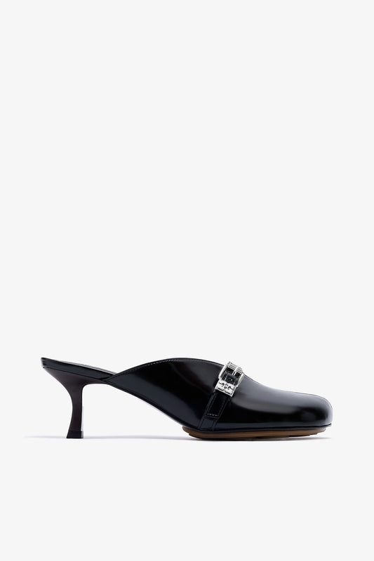Sue Heeled Mules in Black Oleatex