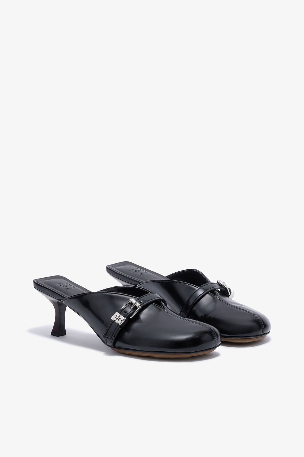 Sue Heeled Mules in Black Oleatex