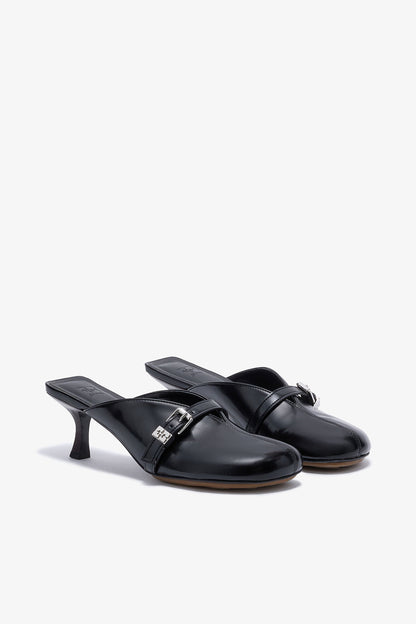 Sue Heeled Mules in Black Oleatex