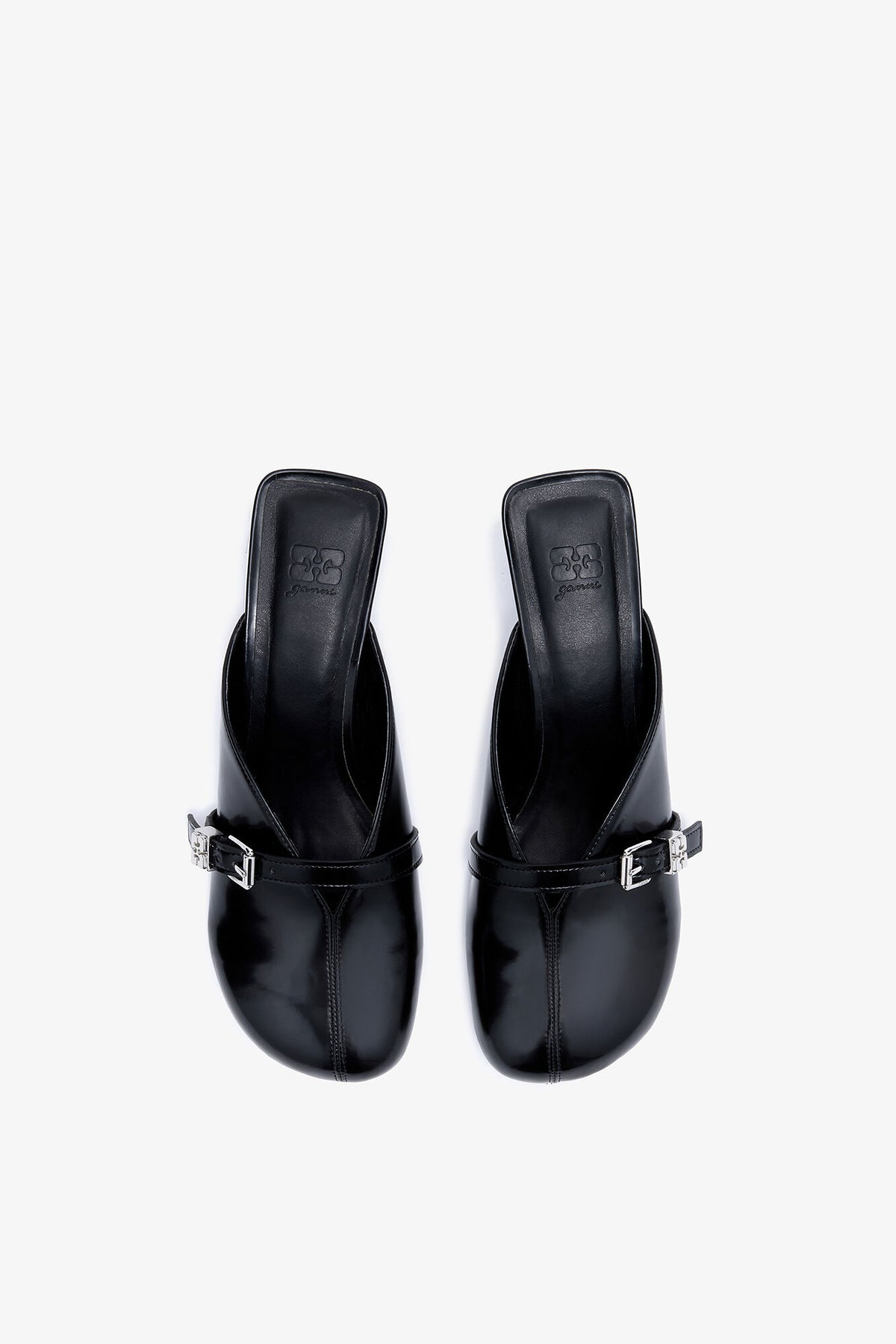 Sue Heeled Mules in Black Oleatex