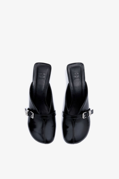 Sue Heeled Mules in Black Oleatex