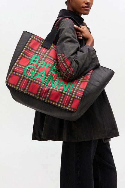 Dark Green Red Tartan Tote