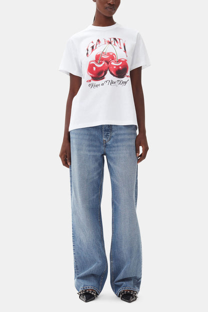 White Basic Jersey Cherry Relaxed T-shirt