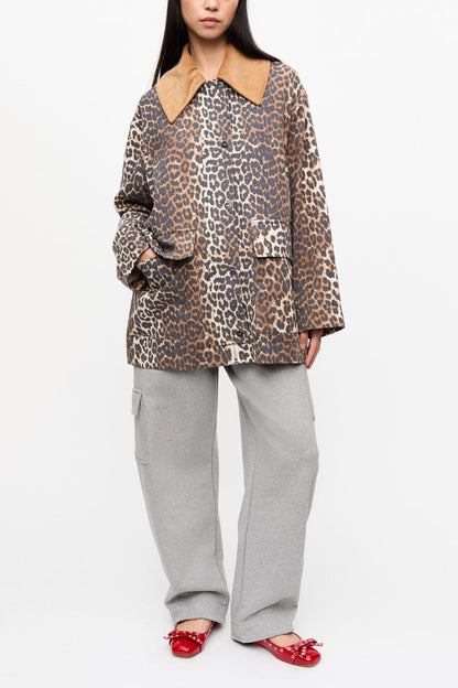 Leopard Printed Canvas Midi Jacket