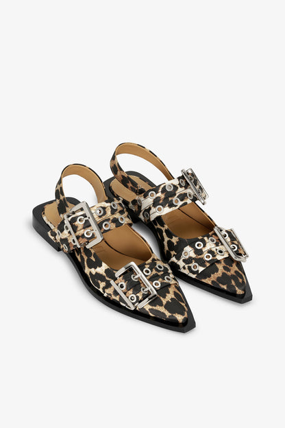 Feminine Buckle Ballerinas in Leopard Satin