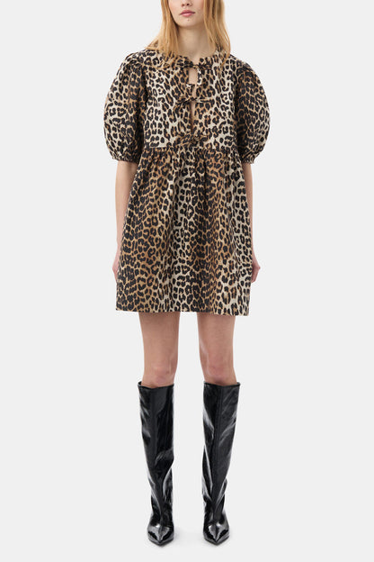 Leopard Printed Cotton Tie String Mini Dress