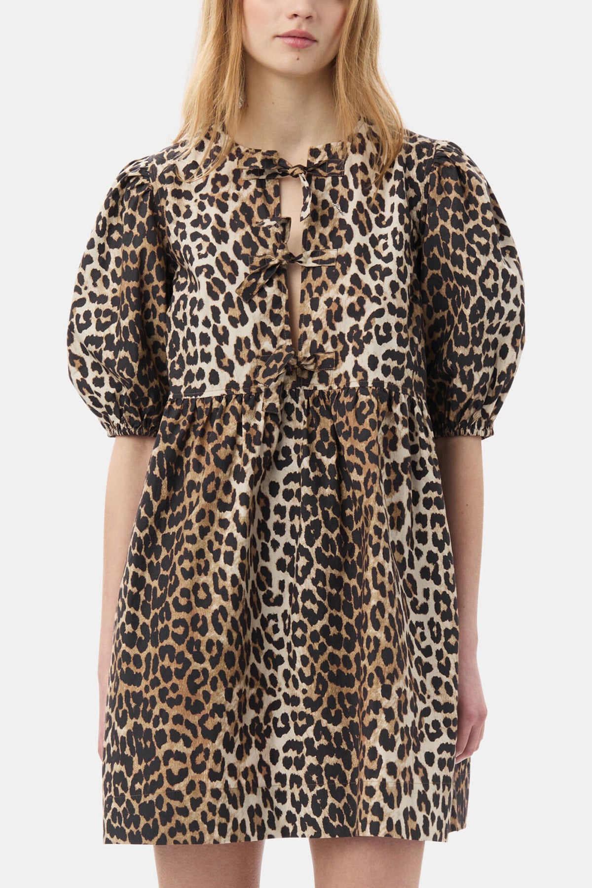 Leopard Printed Cotton Tie String Mini Dress