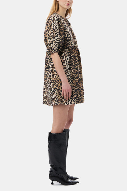 Leopard Printed Cotton Tie String Mini Dress