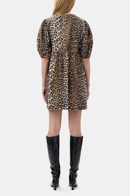 Leopard Printed Cotton Tie String Mini Dress