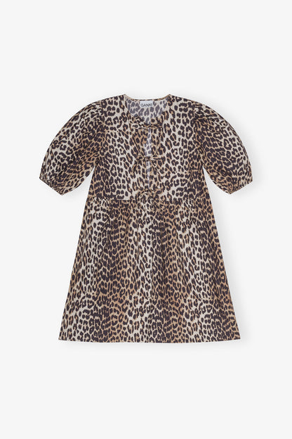 Leopard Printed Cotton Tie String Mini Dress