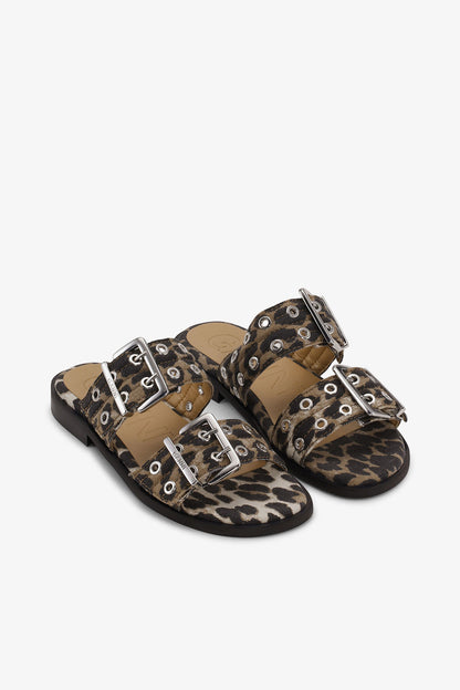 Feminine Buckle Two-Strap Sandals in Leopard Denim