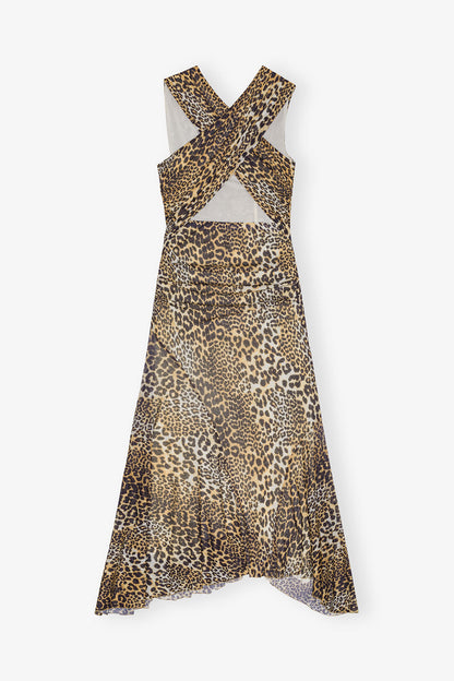 Leopard Marl Mesh Long Ruched Crossover Dress