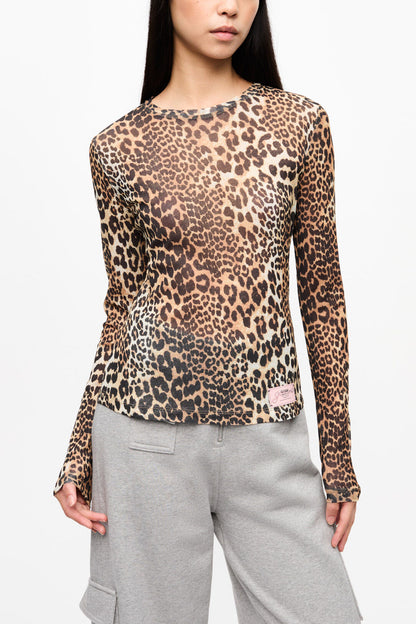 Leopard Printed Mesh Long-sleeve Blouse