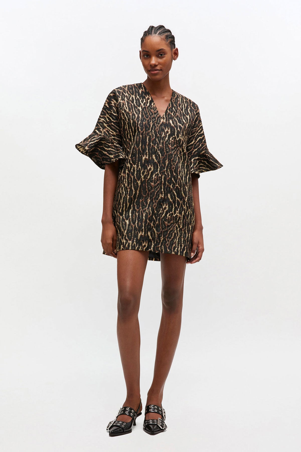 Metallic Cloque Mini Ruffle Dress