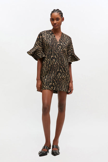 Metallic Cloque Mini Ruffle Dress
