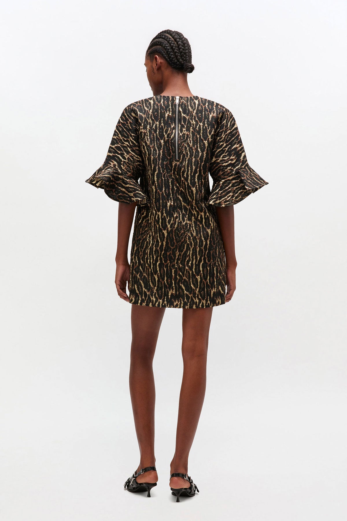 Metallic Cloque Mini Ruffle Dress
