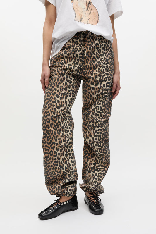 Leopard Washed Cotton Canvas Drawstring Pants