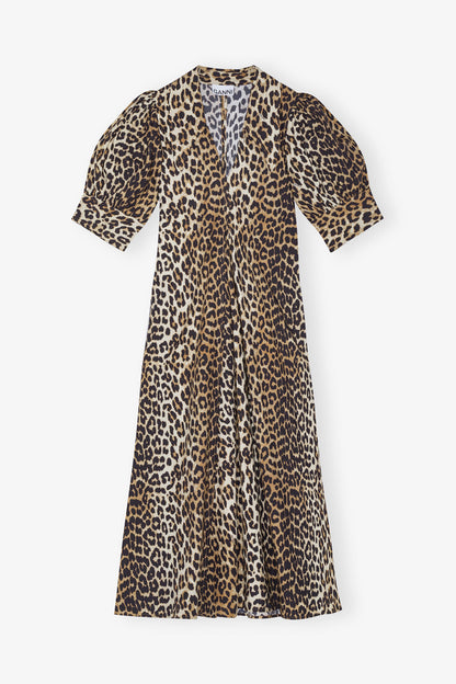Leopard Cotton Poplin V-neck Maxi Dress