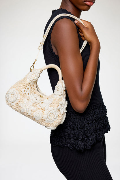 Egret Mini Hobo Bag in White Crochet