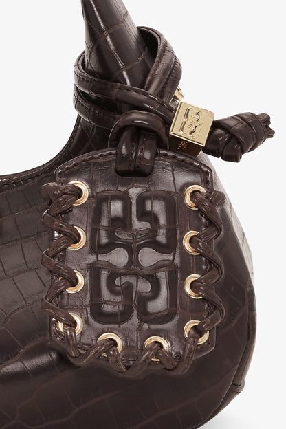 Chocolate Fondant Brown Croco Mini Hobo Bag