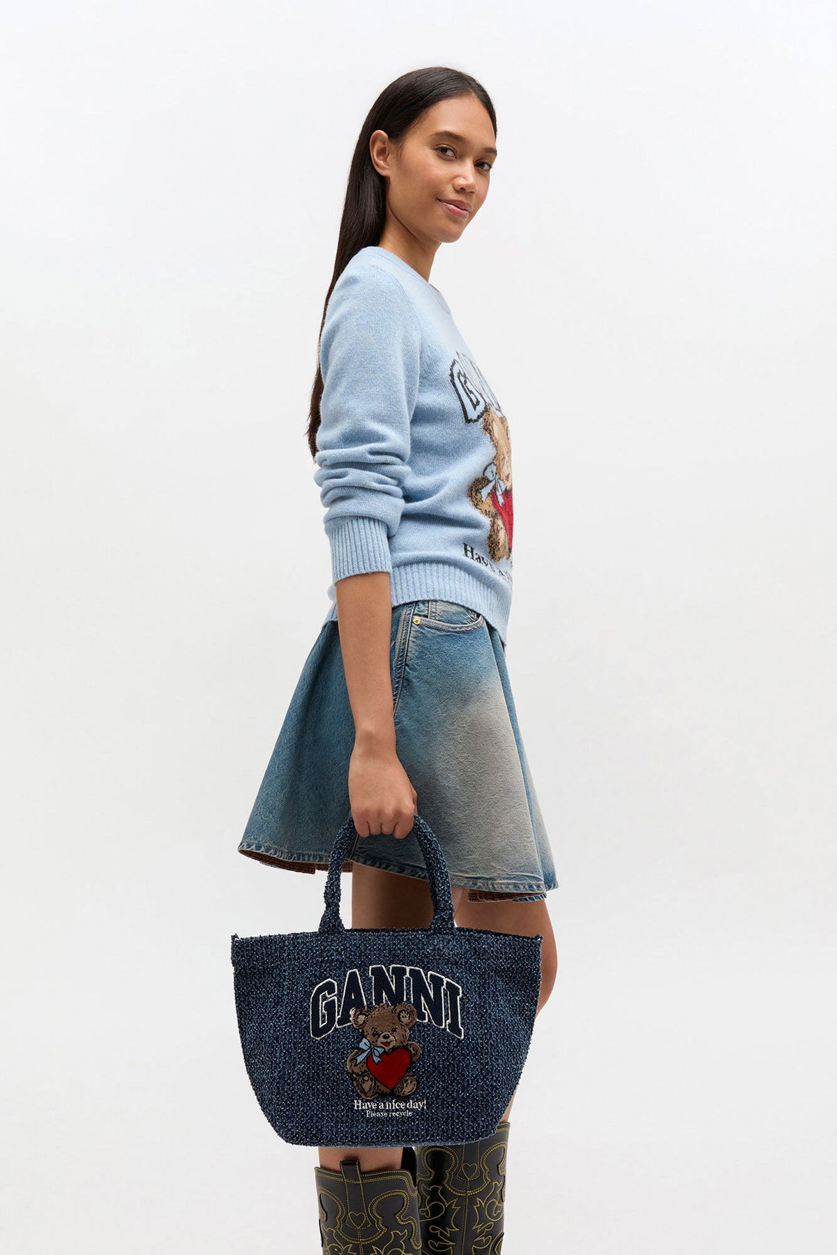 Rinse Tweed Denim Small Bear Tote