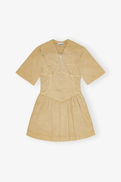 Beige Washed Stretch Cotton Mini Dress
