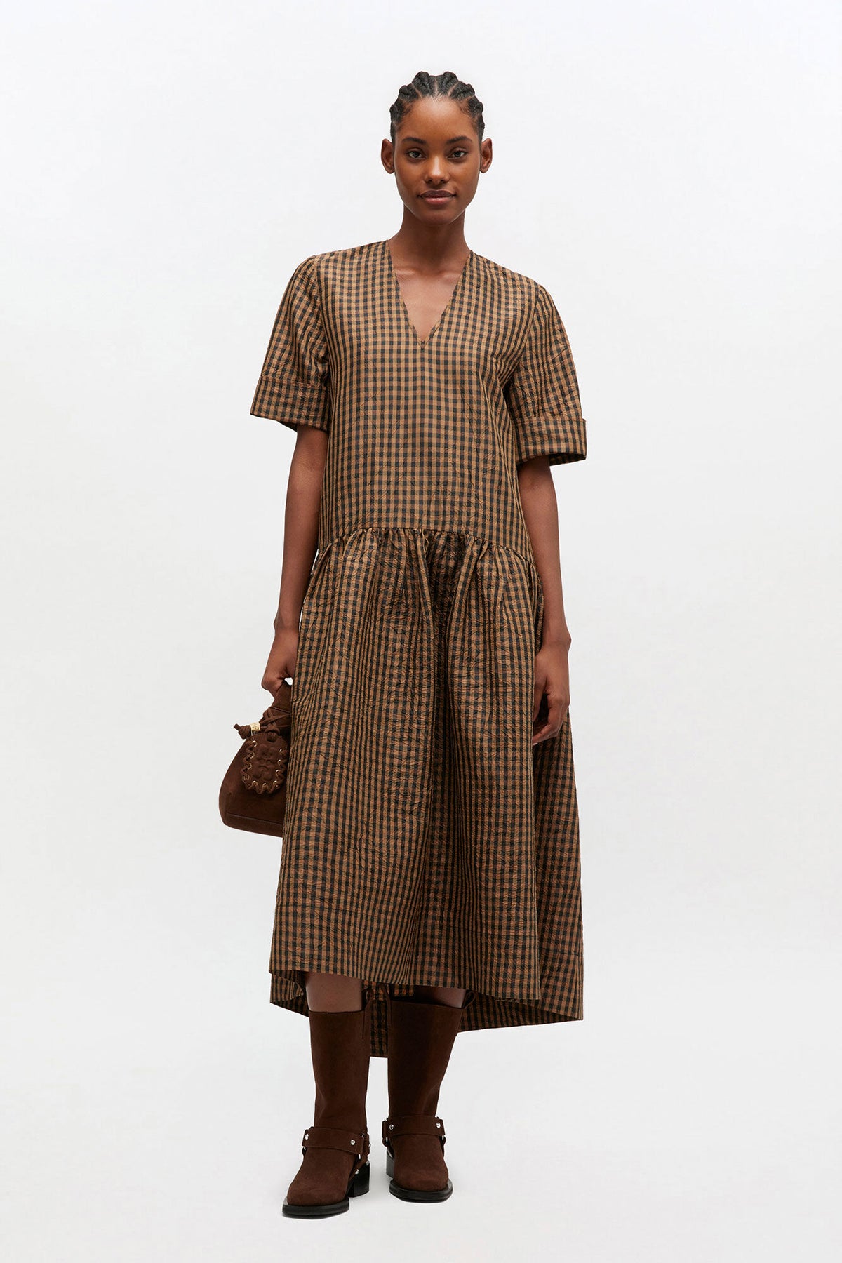 Crinkled Check Long Dress