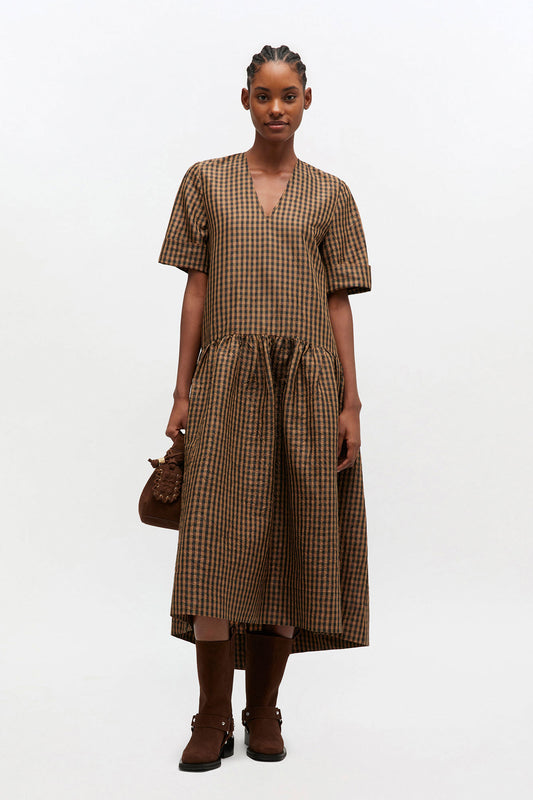 Crinkled Check Long Dress