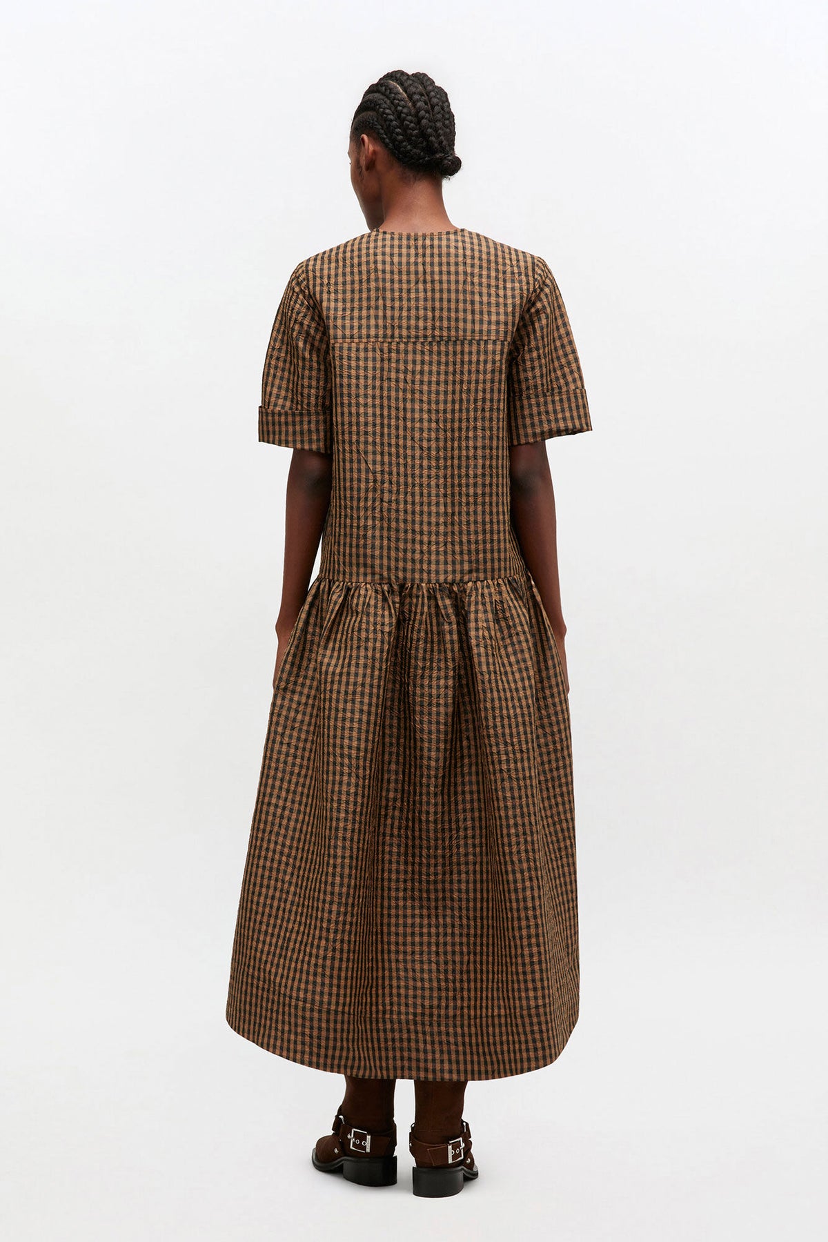 Crinkled Check Long Dress