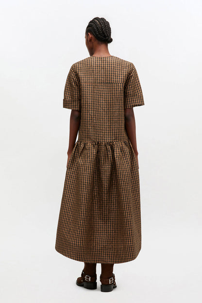 Crinkled Check Long Dress