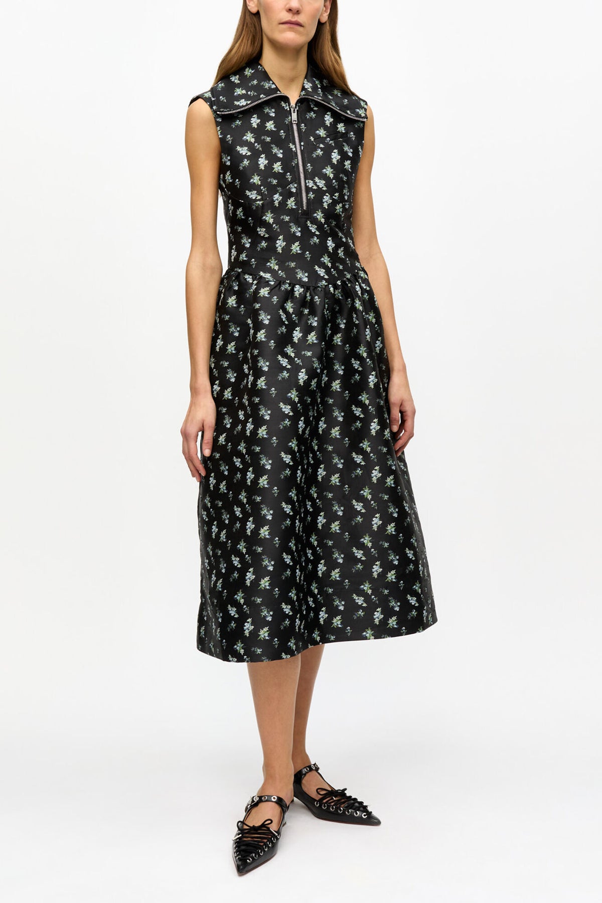 Black Floral Jacquard Midi Dress