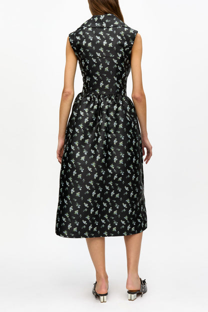 Black Floral Jacquard Midi Dress
