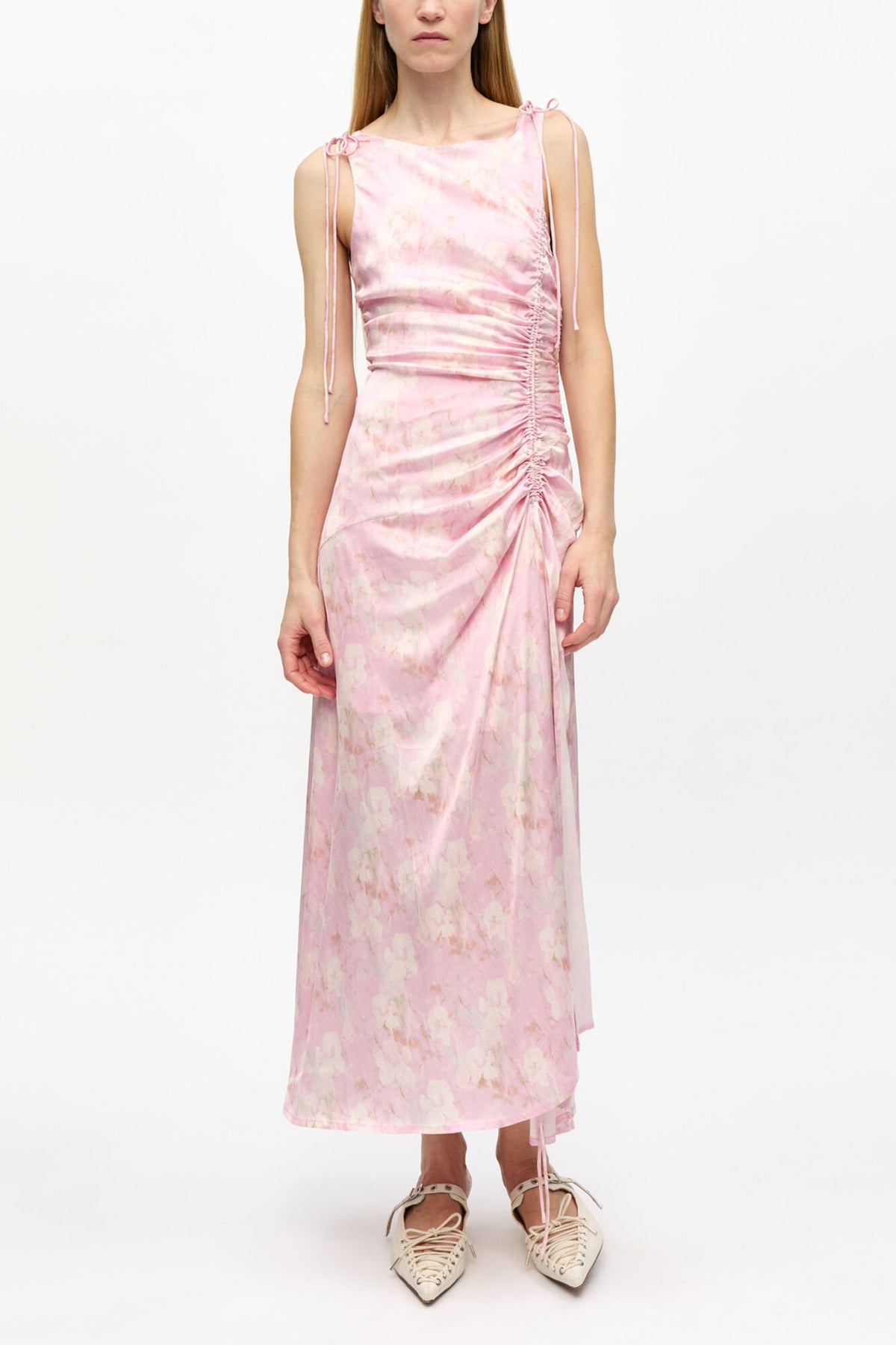Pink Printed Satin Gathered Dress