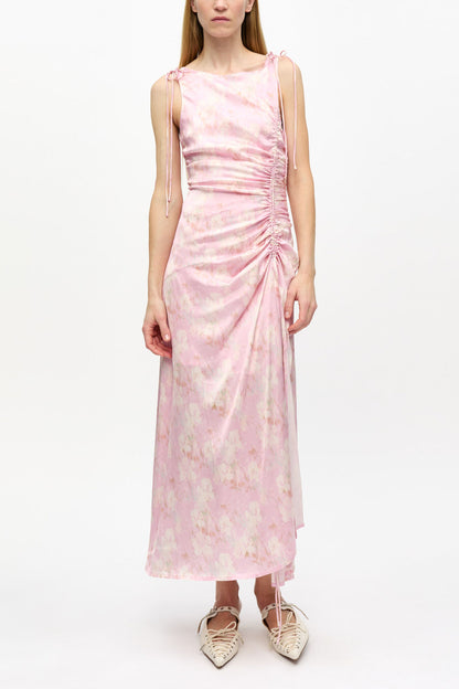 Pink Printed Satin Gathered Dress