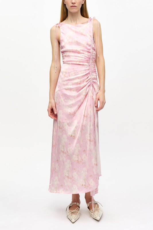 Pink Printed Satin Gathered Dress