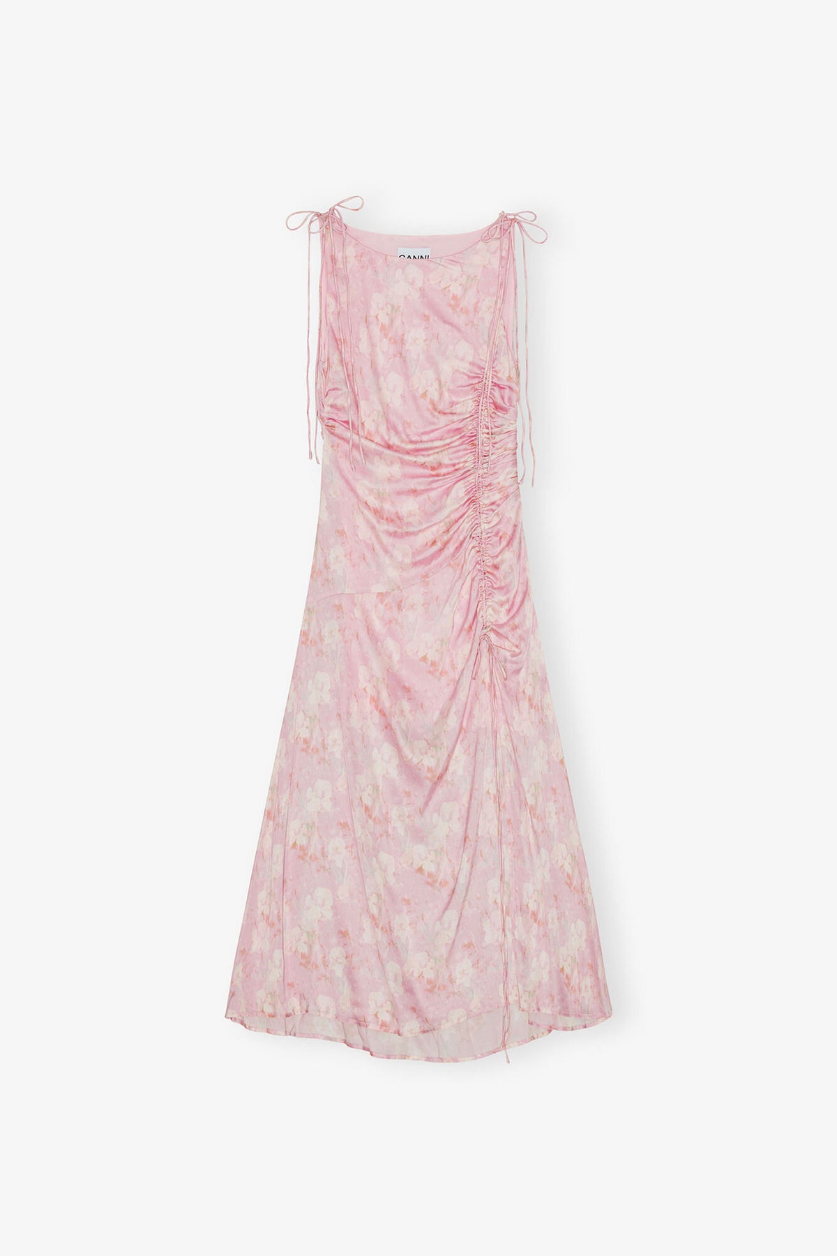 Pink Printed Satin Gathered Dress