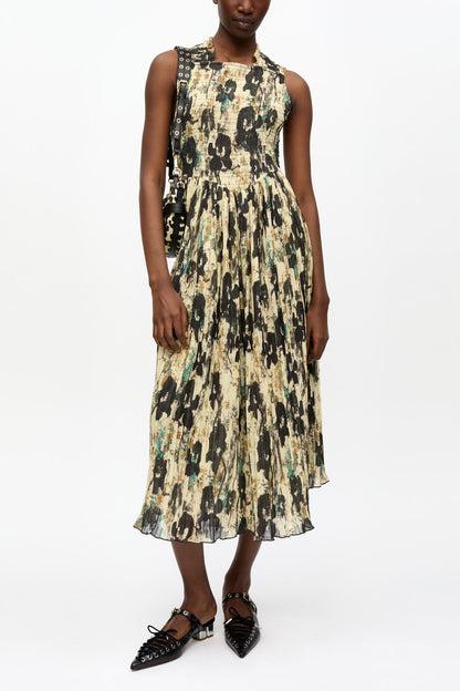 Printed Pleats Smock Midi Straps Dress