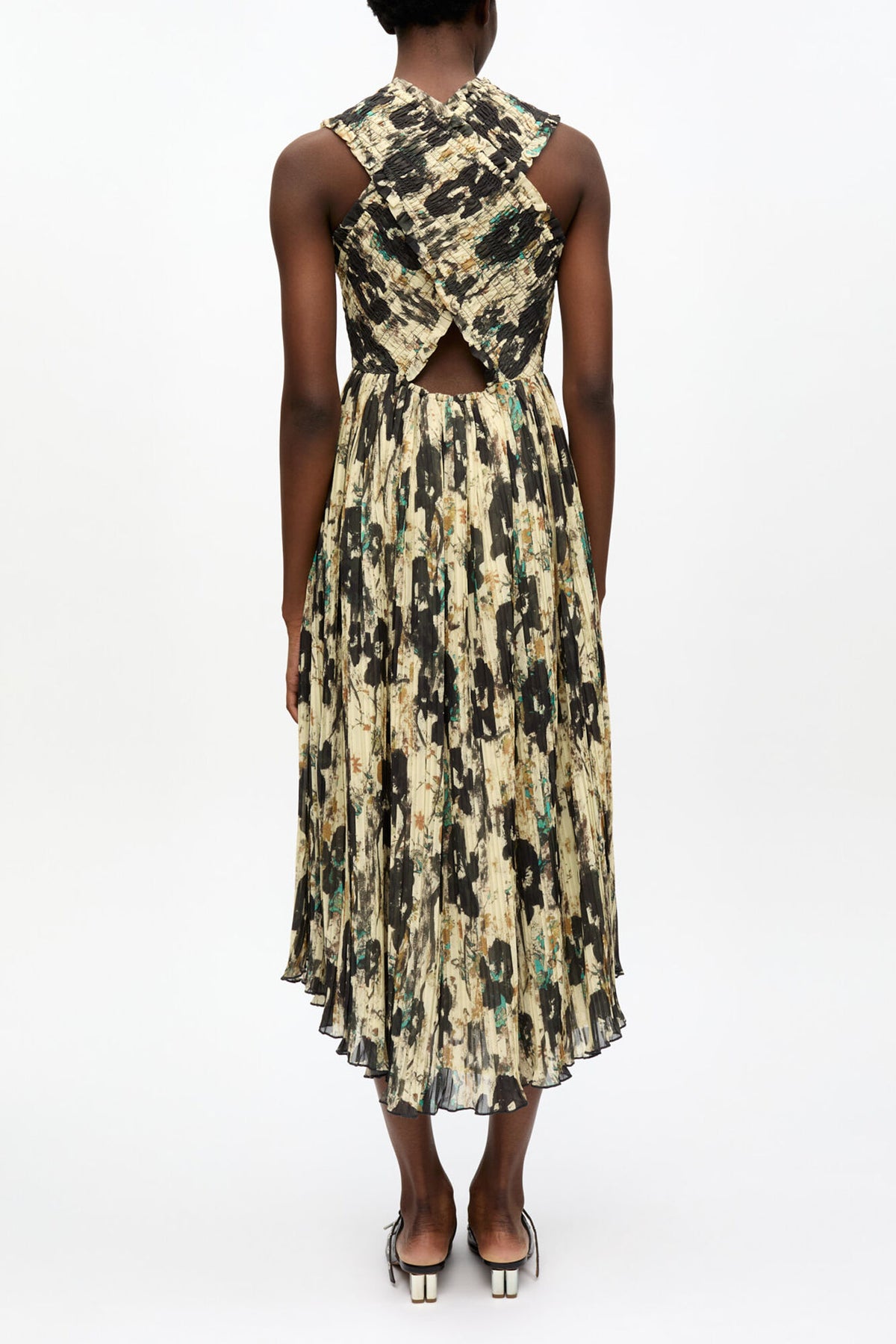 Printed Pleats Smock Midi Straps Dress