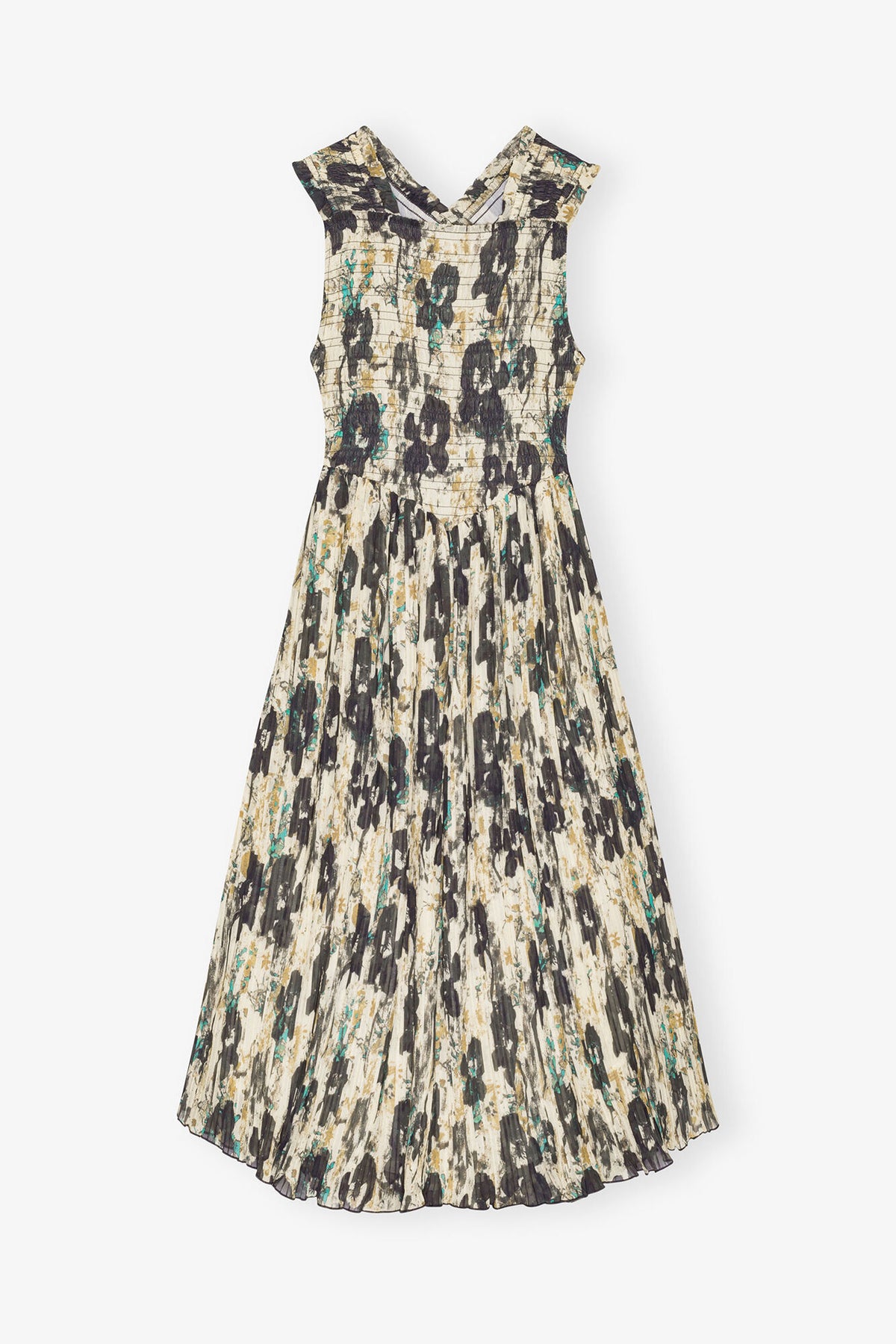 Printed Pleats Smock Midi Straps Dress