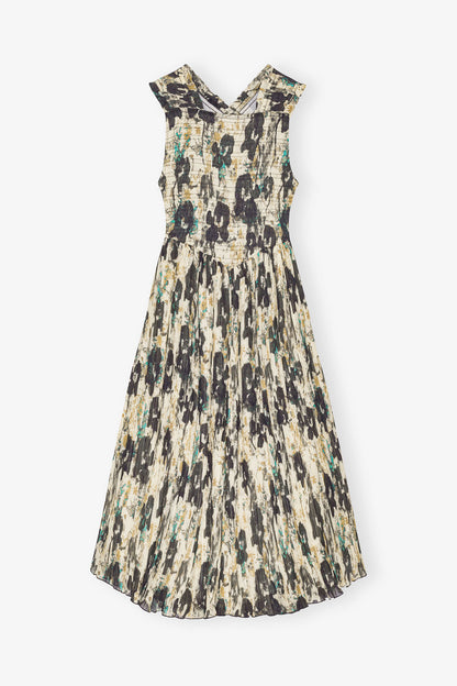 Printed Pleats Smock Midi Straps Dress