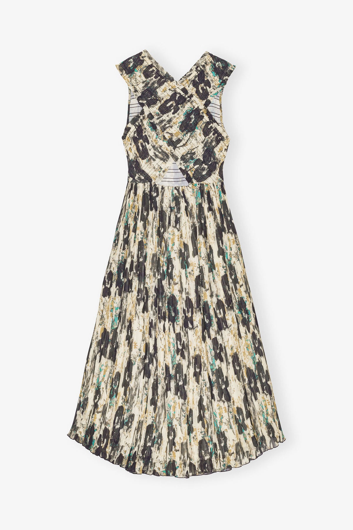 Printed Pleats Smock Midi Straps Dress