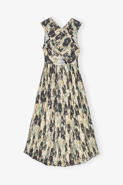 Printed Pleats Smock Midi Straps Dress